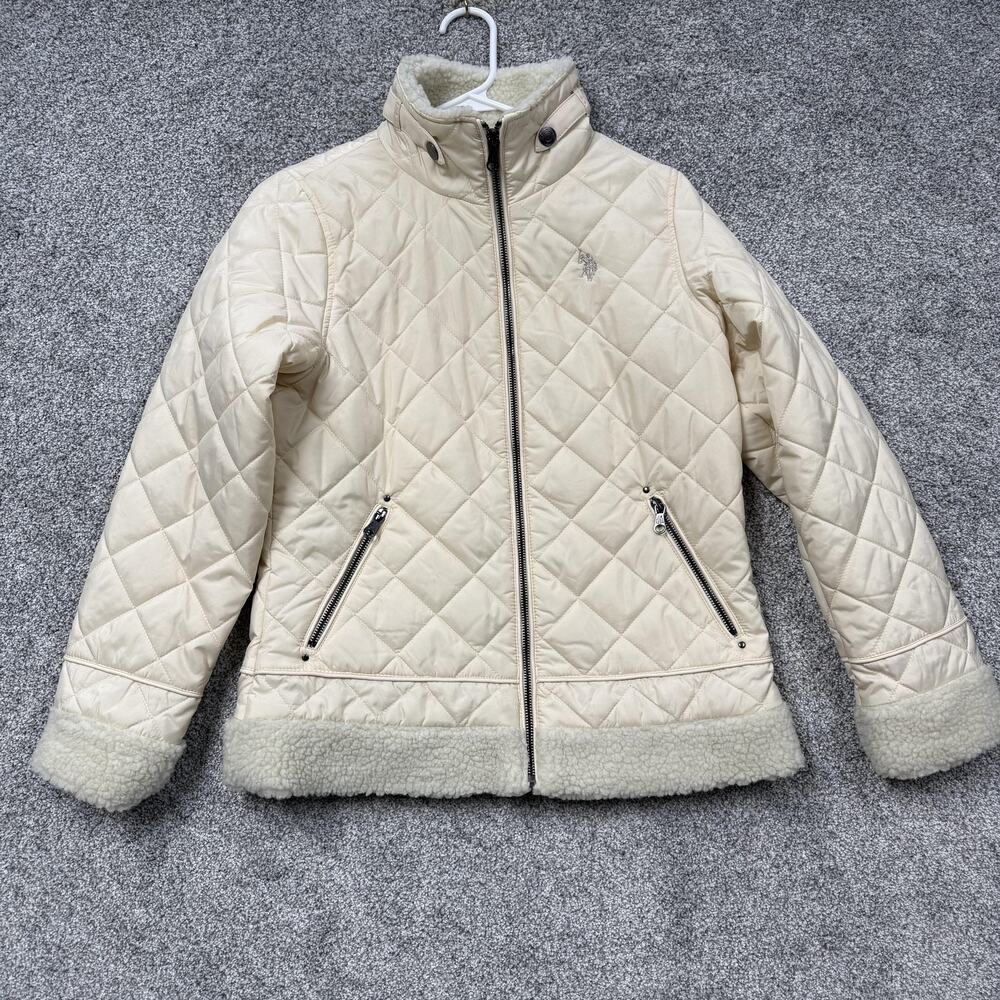 U.S. Polo Assn. Jacket Womens Small White Quilted Puffer Faux Fur Trim Full Zip